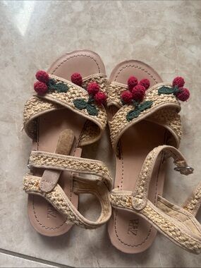 Zara Beige Woven Sandals with Red Cherry Accents